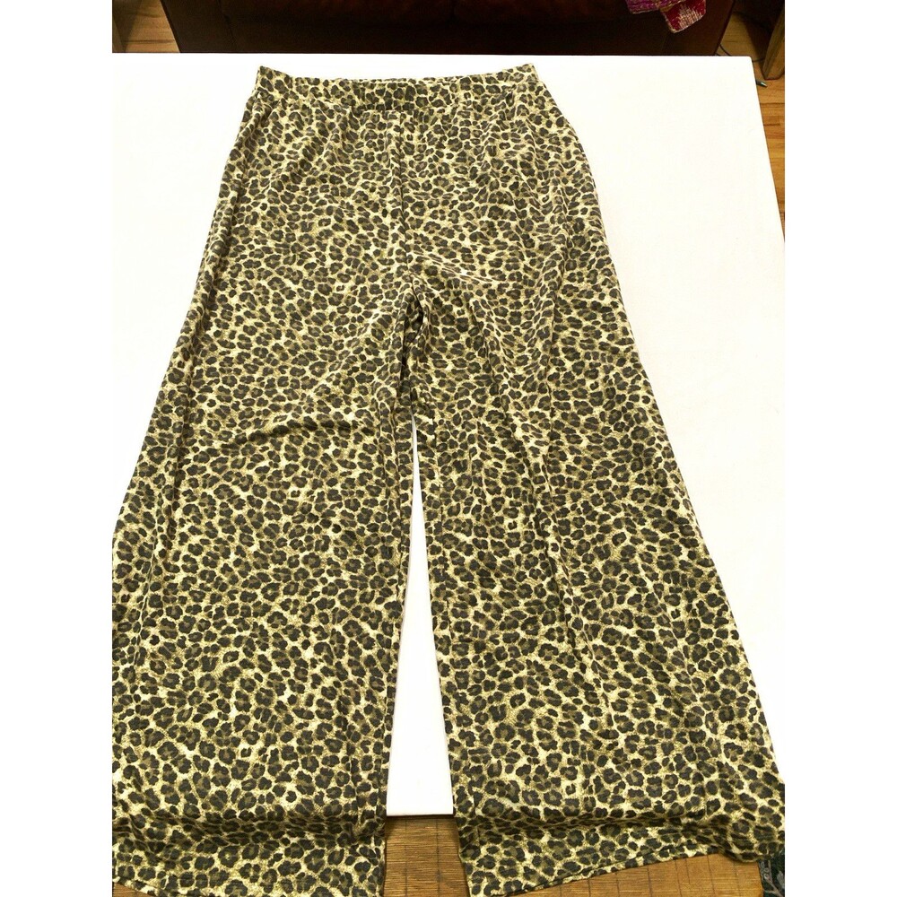 Zenana Beige/Black Leopard Animal Print Wide Leg Pants XL Elastic Waist 31"